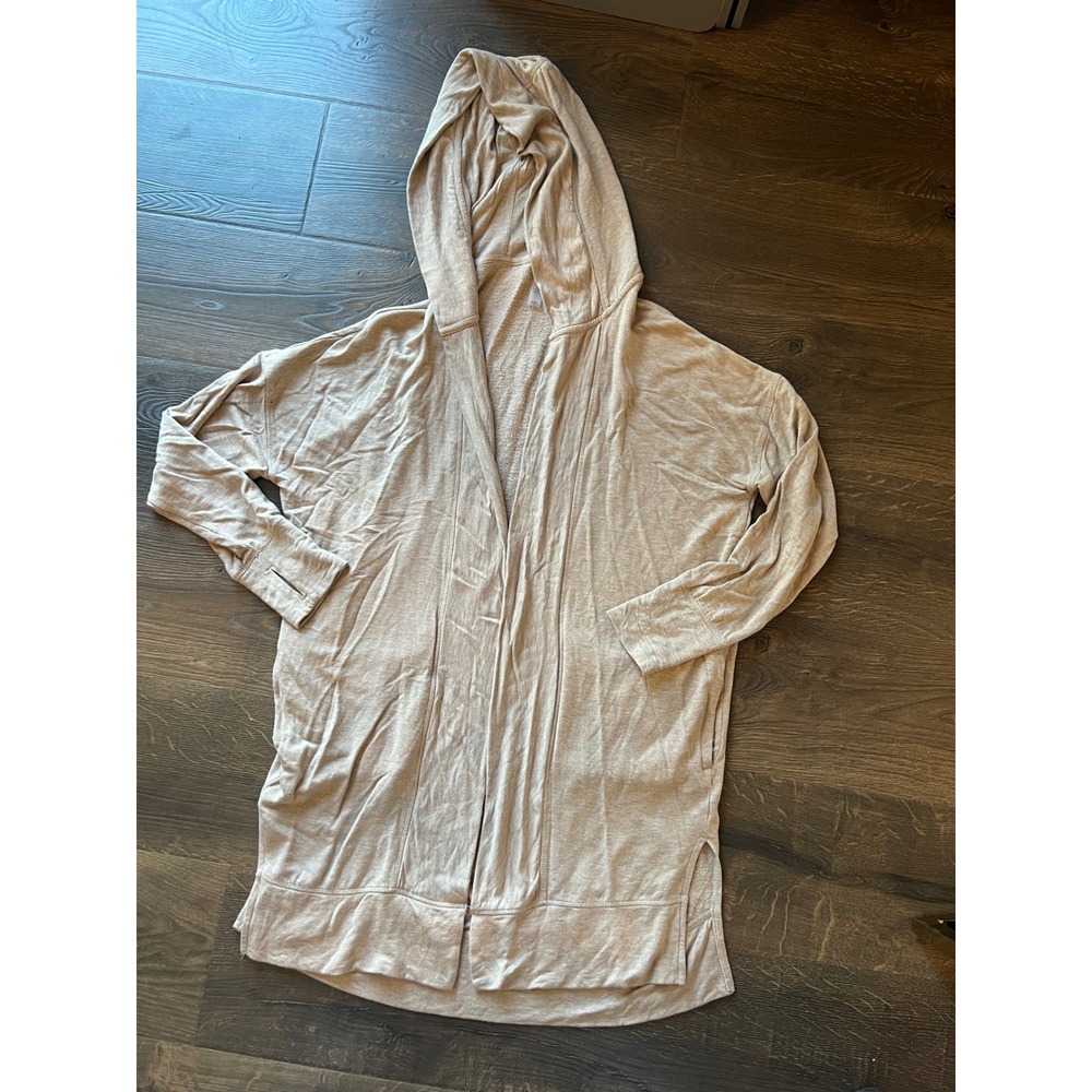 Mono B Womens Medium Cardigan Duster Hooded Open Front Pockets Beige Athleisure